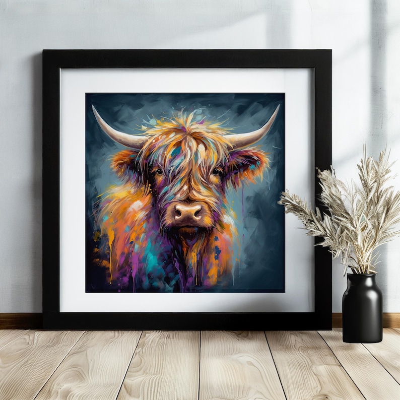 Highland Cow Canvas o stampa incorniciata/senza cornice. Un dipinto unico multicolore di una mucca scozzese. Regali di decorazioni murali da fattoria colorate per contadini, mamme immagine 5