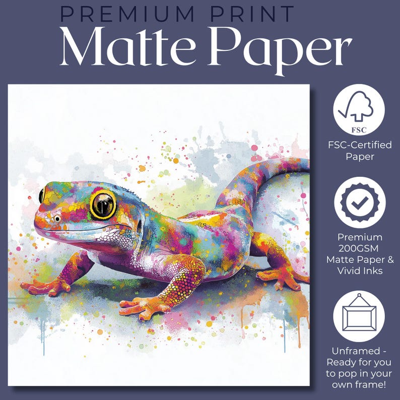 May include: A colorful gecko print on matte paper. The gecko is depicted with vibrant hues of blue, yellow, pink, and green, set against a white background with watercolor-style paint splatters. The print is unframed and ready to be framed.