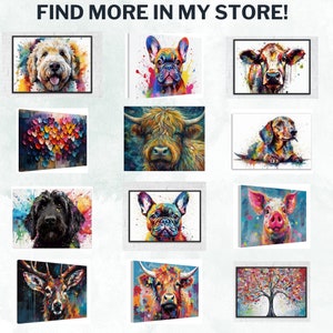 May include: A collection of 12 colorful paintings featuring various animals, including a dog, cow, pig, deer, and a tree. The paintings are all in a similar style, with bright colors and bold lines.