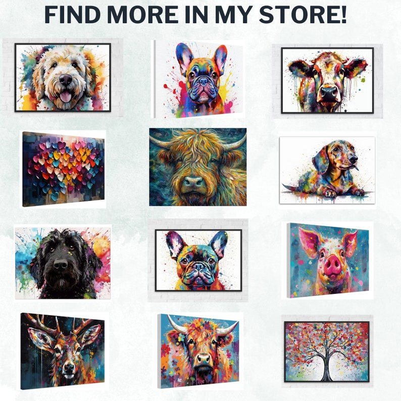 May include: A collection of 12 colorful paintings featuring various animals, including a dog, cow, pig, deer, and a tree. The paintings are all in a similar style, with bright colors and bold lines.