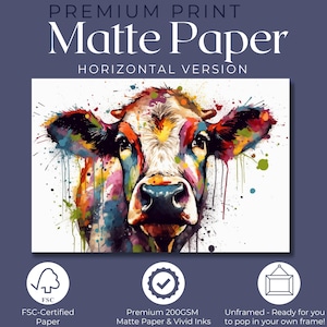 May include: A colorful abstract painting of a cow's face on a white background. The painting is printed on premium 200GSM matte paper and is unframed.