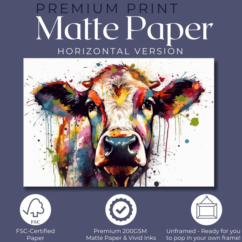 May include: A colorful abstract painting of a cow's face on a white background. The painting is printed on premium 200GSM matte paper and is unframed.