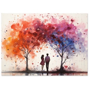 Watercolor Couple in Love Canvas or Unframed Print. Watercolour Tree Silhouette Painting, Valentine's Day Gift Anniversary Present
