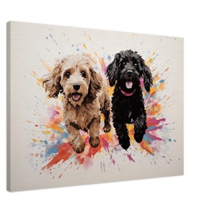 May include: Two dogs, one brown and one black, are running towards the viewer with colorful watercolor splatter behind them.