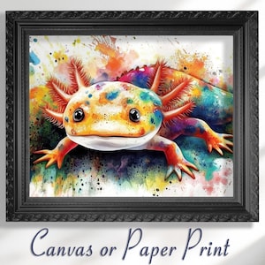 Stampa artistica di Axolotl su tela / Acquerello senza cornice. Decorazione con salamandra arcobaleno, dipinto di animali carini, regalo per camera da letto, decorazione unica per gli amanti degli animali.