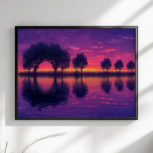 Lienzo o póster de guitarra. Pintura abstracta púrpura con reflejos en el océano y atardecer, decoración de pared con árboles, regalos coloridos para guitarristas y amantes de la música.