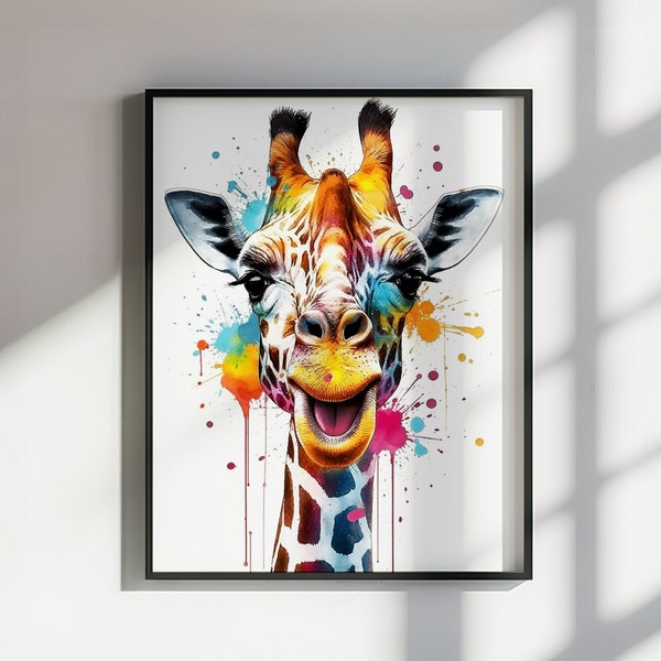 Fröhliche Aquarell-Giraffe-Posterdruck – wunderschönes Safari-Dekor, buntes Tier-Wandkunst-Gemälde-Geschenk, Regenbogen-Aquarell-Pop-Art