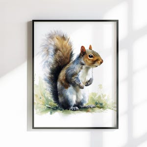 Tela o poster con scoiattolo carino. Stampa ad acquerello, coda folta grigia, quadro da appendere alla parete, decorazione con animali, creatura del bosco.