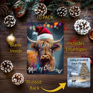 May include: Christmas greeting cards featuring a colorful Highland cow wearing a Santa hat, with the text "Moo-ry Christmas!". The cards are blank inside and include envelopes. The back of the card is printed. The set includes 10 cards.