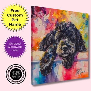 Personalised Black Cockapoo Canvas Print. Custom Name. Sleeping Doodle Mom Dad Wall Decor Gifts, Rainbow Watercolour Memorial Paint Splash