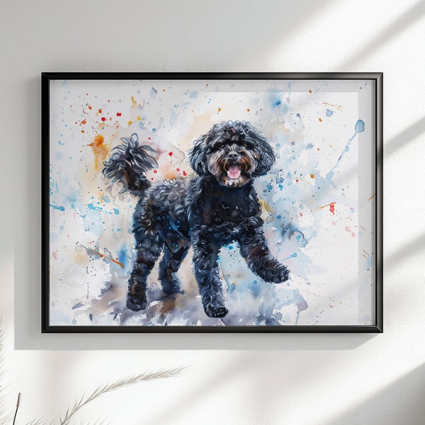 Black Cockapoo Canvas / Poster Print. Colourful Watercolour Happy Doodle Dog Painting Splatter Paint Splash Art, Cavapoo Wall Decor Gift