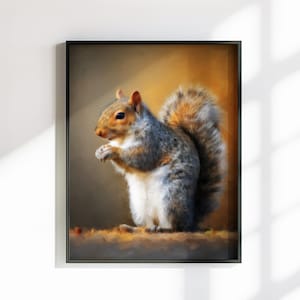 Tela o poster di scoiattolo carino. Stampa di pittura a olio, amante della noce grigia con coda folta, quadro dipinto da appendere alla parete, decorazione animale, creatura del bosco