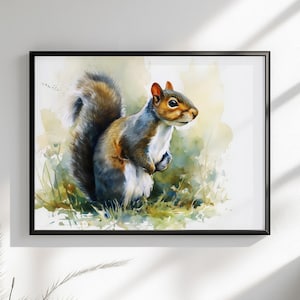 Tela o poster di scoiattolo carino. Stampa di pittura ad acquerello, amante della noce grigia con coda folta, dipinto su tela, da appendere alla parete, animale, creatura del bosco