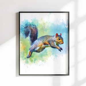 Tela o poster con scoiattolo carino. Stampa ad acquerello, coda folta grigia, quadro da appendere alla parete, decorazione con animali, creatura del bosco.