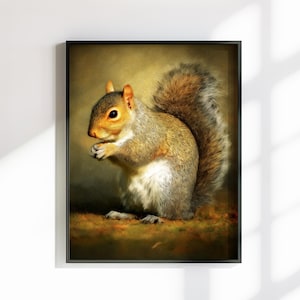 Tela o poster di scoiattolo carino. Stampa di pittura a olio, amante della noce grigia con coda folta, quadro dipinto da appendere alla parete, decorazione animale, creatura del bosco