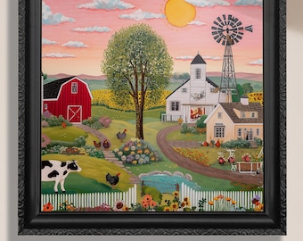 Puede incluir: Una pintura de una granja con un granero rojo, una casa blanca y un molino de viento. La escena está ambientada en una zona rural con una vaca, pollos y flores. El cielo es rosa y naranja, y el sol brilla.