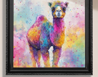 Colorful Camel Art Print, Canvas Wall Art, Watercolor Style Animal Print, Nursery Decor, Desert Animal Art, Camel Lover Gift Saharah Safari