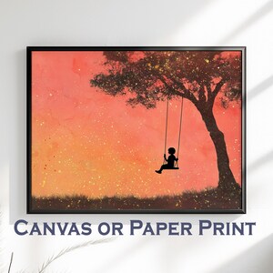 Bambino sull'altalena, tela o stampa senza cornice. Ricordi d'infanzia magici, acquerello, decorazione da parete color pesca e oro, grande quadro per la cameretta dei bambini.
