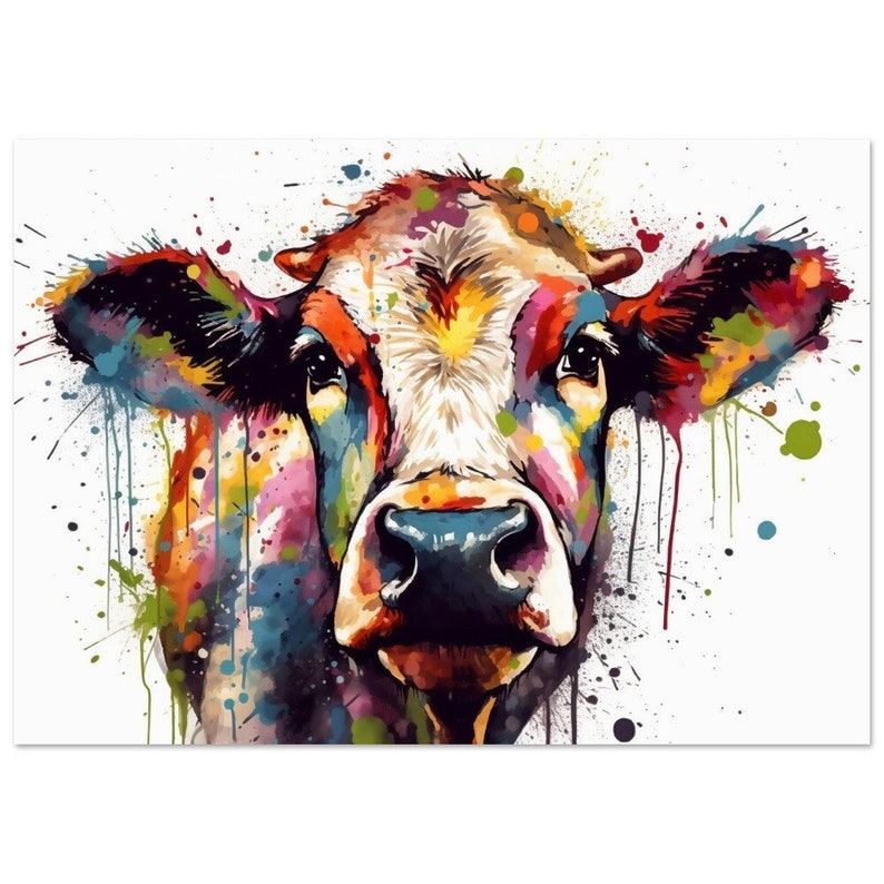 May include: A colorful watercolor painting of a cow's face with splashes of paint in the background.