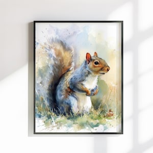 Tela o poster con scoiattolo carino. Stampa ad acquerello, coda folta grigia, quadro da appendere alla parete, decorazione con animali, creatura del bosco.