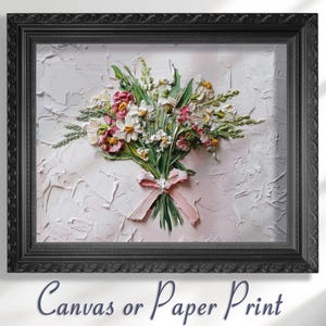 Coquette Flowers - Stampa su tela / senza cornice. Quadro Impasto con fiori di campo, fiocco rosa, bouquet di margherite, poster, quadro, regalo
