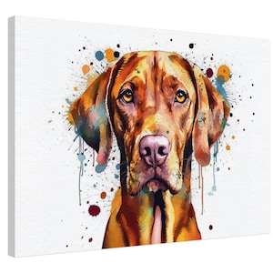 Lienzo de acuarela de perro vizsla húngaro. Impresión única de pintura salpicada, regalo de decoración animal colorida. Arte mural con salpicaduras de pintura, húngaro.