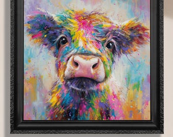 Lienzo con impresión artística de vaca colorida, decoración de pared, animal de granja, arcoíris, vaca de las Tierras Altas, guardería, habitación infantil, regalo, decoración de granja, arte de ganado, ternero, granjero