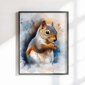 Tela o poster con scoiattolo carino. Stampa ad acquerello, coda folta grigia, quadro da appendere alla parete, decorazione con animali, creatura del bosco.