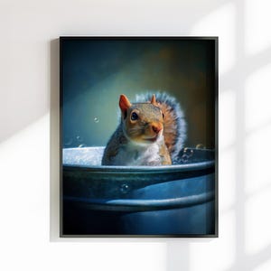 Scoiattolo nella vasca da bagno, tela o poster. Stampa a olio, quadro con scoiattolo nella vasca da bagno, decorazione da bagno con animali extra large, creatura del bosco.