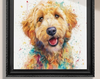 Könnte beinhalten: Ein gerahmter Druck mit einem Aquarellgemälde eines Golden Doodle Hundes mit fröhlichem Ausdruck. Der Hund hat braune Augen und eine rosa Zunge. Das Kunstwerk enthält farbenfrohe Farbspritzer. Der Text "Canvas or Paper Print" steht unten.
