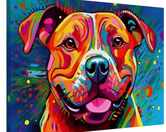 Neon Staffordshire Bullterrier Leinwanddruck. Einzigartige Street Art Staffy Hund Gemälde, Pop Art Tier Dekor Geschenk, Graffiti Farbe Wandkunst