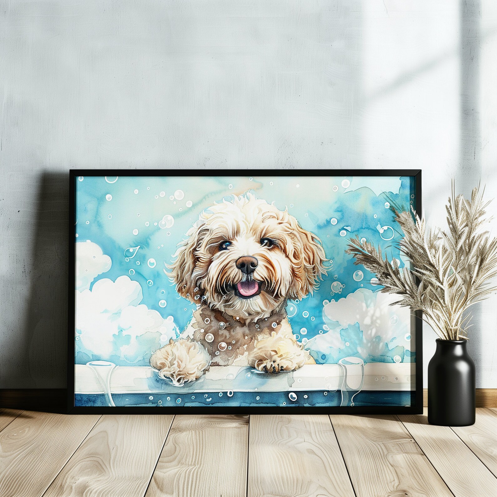White Cockapoo Canvas / Poster Print. Colourful Watercolour Doodle Dog ...