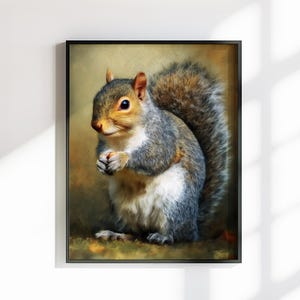 Tela o poster di scoiattolo carino. Stampa di pittura a olio, amante della noce grigia con coda folta, quadro dipinto da appendere alla parete, decorazione animale, creatura del bosco