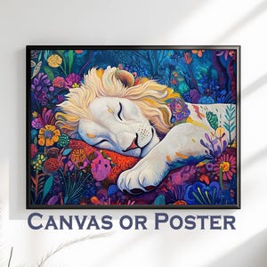 White Lion Canvas Or Poster. Maximalist Painting Print Animal Wall Art, Large Kitchen Wall Picture, Colorful Rainbow African Decor