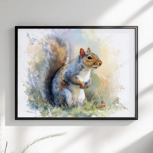 Tela o poster di scoiattolo carino. Stampa di pittura ad acquerello, amante della noce grigia con coda folta, dipinto su tela, da appendere alla parete, animale, creatura del bosco