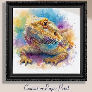 Impresión artística de dragón barbudo, lienzo, arte de pared, regalo para amantes de los reptiles, retrato de mascota, decoración de lagarto, habitación infantil, guardería, estampado animal, iguana, arcoíris
