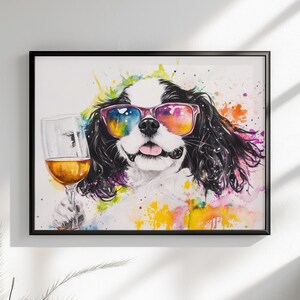 Cavalier King Charles Spaniel Wein Ungerahmt Druck / Leinwand. Bunter Regenbogen Hund Wand Kunst Wohnkultur Aquarell Malerei CKCS Mama Geschenk
