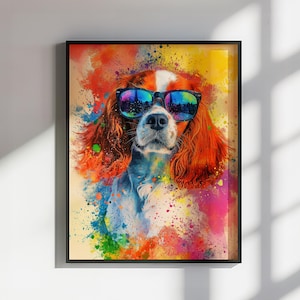 Może przedstawiać: Kolorowy, abstrakcyjny obraz psa w okularach przeciwsłonecznych. Sierść psa jest mieszanką pomarańczowego i białego, a tło to żywa mieszanka kolorów, w tym żółtego, niebieskiego, zielonego i różowego.