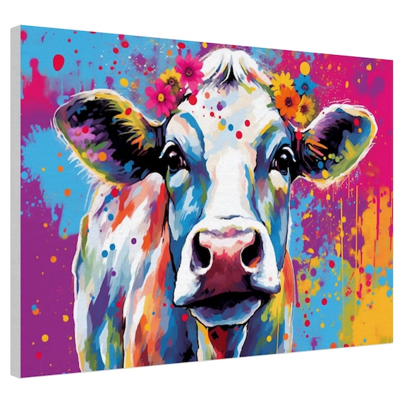 Colorful Cow and Flowers Canvas. Vibrant Floral Farm Animal Art