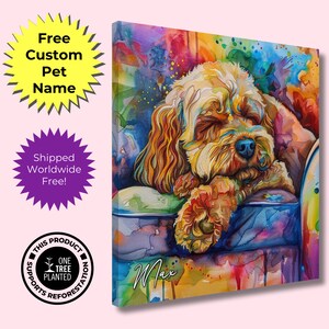 Puede incluir: Una pintura acuarela colorida de un perro llamado Max durmiendo en una silla. El perro es de color marrón claro con un pelaje esponjoso. La silla es de color azul oscuro con un cojín azul claro. El fondo es una mezcla vibrante de colores, incluyendo rojo, naranja, amarillo, verde, azul y morado.