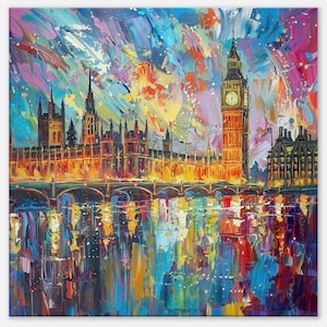 Big Ben & Houses of Parliament, Westminster Palace London Canvas Print. Abstract River Thames Wall Decor Cityscape Painting Gift, City Art