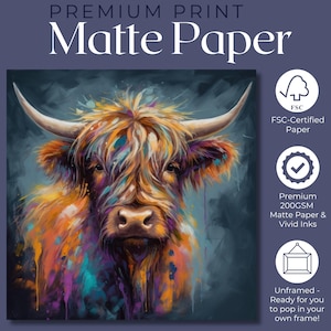 Highland Cow Canvas o stampa incorniciata/senza cornice. Un dipinto unico multicolore di una mucca scozzese. Regali di decorazioni murali da fattoria colorate per contadini, mamme Premium Matte Paper Poster - -
