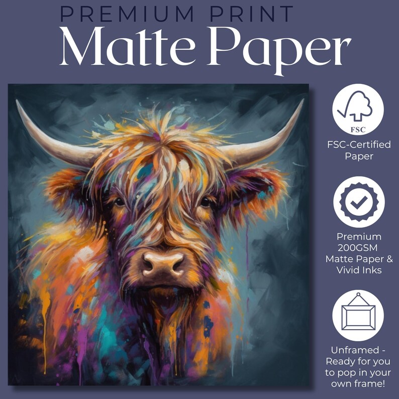 Highland Cow Canvas o stampa incorniciata/senza cornice. Un dipinto unico multicolore di una mucca scozzese. Regali di decorazioni murali da fattoria colorate per contadini, mamme Premium Matte Paper Poster - -