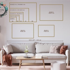 May include: A mockup of a living room with a sofa and a coffee table. There are five picture frames on the wall above the sofa. The frames are labeled with their dimensions in inches and centimeters. The sofa is labeled with its dimensions in inches and centimeters. The text "Canvasity" is visible in the top left corner of the image.