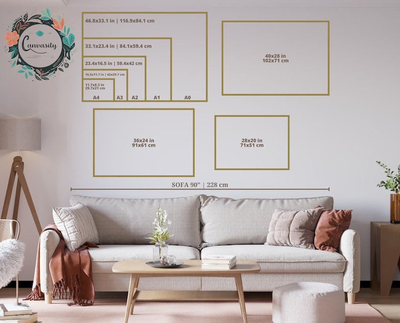 May include: A mockup of a living room with a sofa and a coffee table. There are five picture frames on the wall above the sofa. The frames are labeled with their dimensions in inches and centimeters. The sofa is labeled with its dimensions in inches and centimeters. The text "Canvasity" is visible in the top left corner of the image.