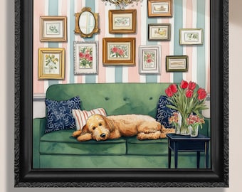 May include: A watercolor painting of a dog sleeping on a green couch in a room with a striped wallpaper and framed pictures. The dog is a light brown color and has its head resting on the couch. There are red flowers in a vase on a small table next to the couch.