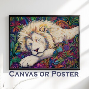 Psychedelic White Lion Canvas Or Poster. Maximalist Painting Print Animal Wall Art, Large Kitchen Wall Picture, Colorful African Decor
