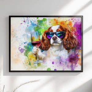 Cavalier King Charles Spaniel Wein Ungerahmt Druck / Leinwand. Regenbogen Hund Wand Kunst Bunt Wohnkultur Aquarell Malerei CKCS Mutter Geschenk