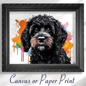 Stampa artistica su tela di Cavapoo / Ritratto di animale domestico senza cornice. Cane Cockapoo nero, opera d'arte da parete, scarabocchio, dipinto commemorativo, incrocio di barboncino tricolore bianco e marrone chiaro, regalo.