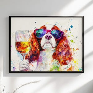 Cavalier King Charles Spaniel Wein Ungerahmt Druck / Leinwand. Regenbogen Hund Wand Kunst Bunt Wohnkultur Aquarell Malerei CKCS Mutter Geschenk